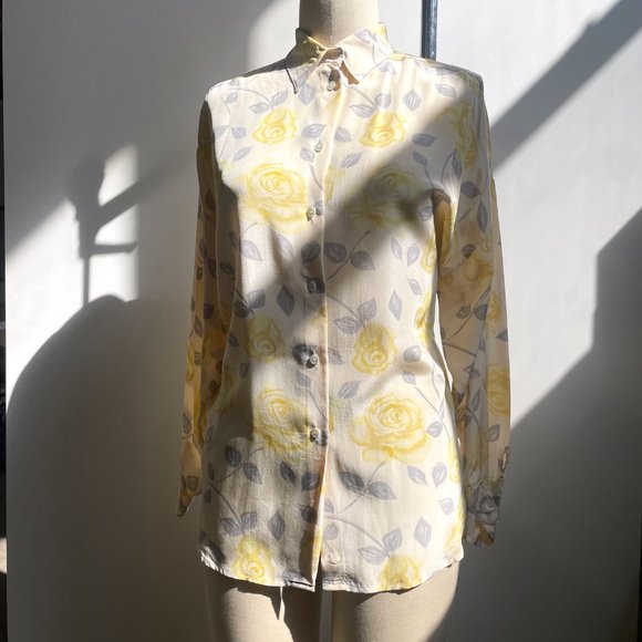 Vintage RODIER Paris Long Button-Up Yellow Rose Floral Silk Blouse sz 40 10 - Picture 5 of 12